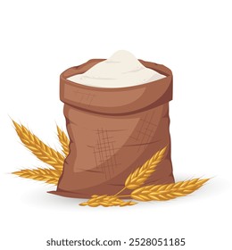 Full bag of flour with wheat ears. Cartoon open big burlap brown sack with pile of flour. Vector illustration for banner, postcard, packaging.