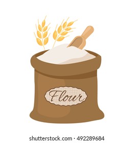 Full bag of flour with wheat ears. flat vector illustration isolated on white background.