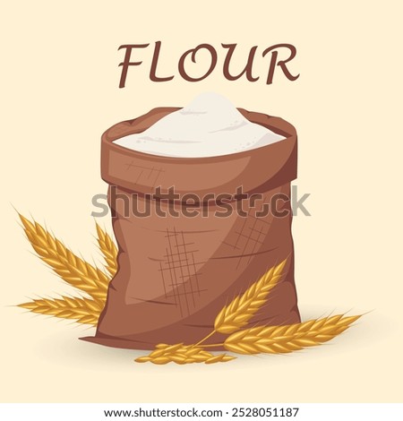 Full bag of flour with wheat ears. Cartoon open big burlap brown sack with pile of flour. Vector illustration for banner, postcard, packaging.
