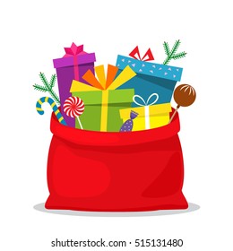 Full bag of gifts from Santa Claus. Christmas decorative element. flat vector illustration isolate on a white background. easy to use