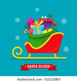 Full bag of gifts from Santa Claus is in the sled. Christmas postcard. flat vector illustration isolate on a white background. easy to use
