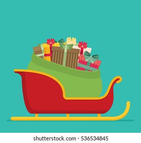 Full bag of gifts from Santa Claus is in the sled.
