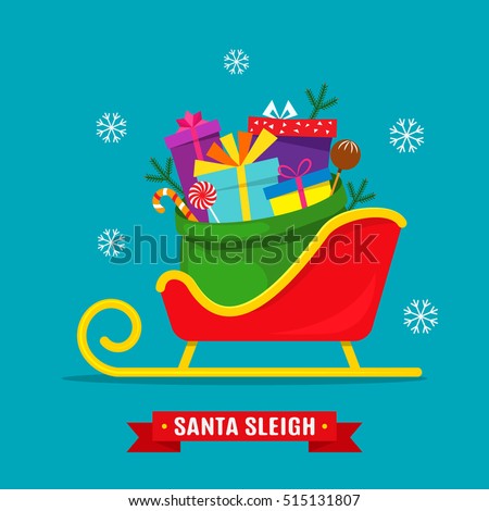 Full bag of gifts from Santa Claus is in the sled. Christmas postcard. flat vector illustration isolate on a white background. easy to use
