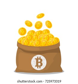A full bag of gold bitcoins. the concept of modern earnings and savings. flat vector illustration
