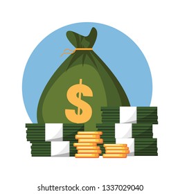 Full bag of money dollar banknotes cash on stack on white background vector illustration