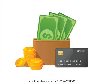 volle Banknote in brauner Brieftasche und Münzen Gold und Kreditkartenprämie.