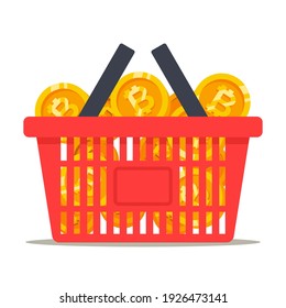 full basket of bitcoin coins. rolling of cryptocurrencies. flat vector illustration.