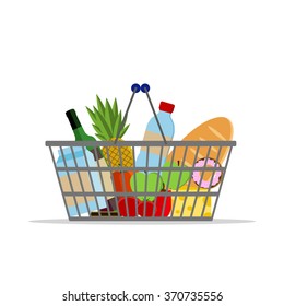 Full basket with different food. Supermarket shopping basket.  Flat vector icon. For card, web, icons, shops 