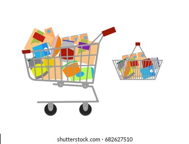 Full basket with different goods. Flat vector icon. Vector illustration