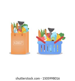 Full basket with different goods and a Grocery paper bag. Organic product. Basket with food, fruits and vegetables. Vector illustration.