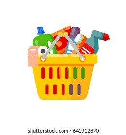 Full basket with different goods. Shopping basket with household cleaning products. Vector flat design illustration.