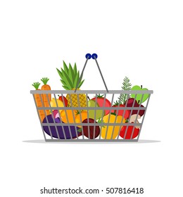 Full basket with different healthy food. Fruits and vegetables. Supermarket shopping basket. Flat vector icon. For card, web, icons, shops