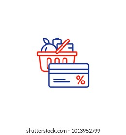 Full basket of food, grocery shopping purchase, special offer, bonus card, discount coupon, loyalty program, premium card vector line icon design