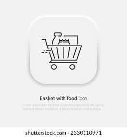 Full basket of food, grocery shopping, special offer, vector line icon. Basket with food symbol. Vector EPS 10