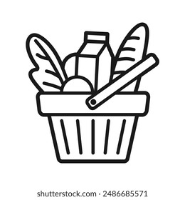 Full basket of food, grocery shopping, special offer, vector line icon design