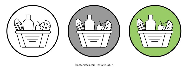 Voller Warenkorb mit Lebensmitteln, Lebensmitteleinkauf, Sonderangebot, Vektorlinien-Icon-Design. Set