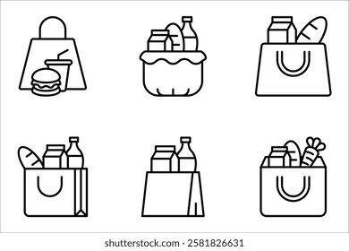 Full basket of food, grocery shopping icon set, special offer, vector illustration on white background