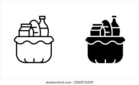 Full basket of food, grocery shopping icon set, special offer, vector illustration on white background