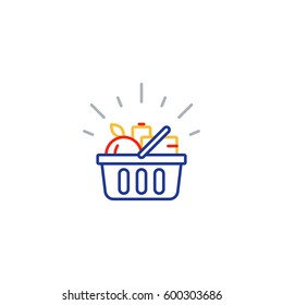 Full Basket Of Food, Grocery Shopping, Special Offer, Vector Line Icon Design