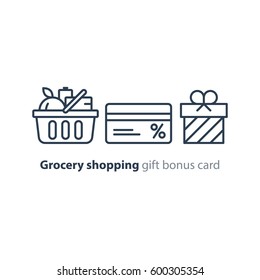 Full Basket Of Food, Grocery Shopping Purchase, Special Offer, Bonus Card, Discount Coupon, Loyalty Program Gift, Premium Card Vector Line Icon Design