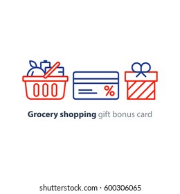 Full basket of food, grocery shopping purchase, special offer, bonus card, discount coupon, loyalty program gift, premium card vector line icon design