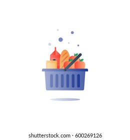 Full basket of food icon, grocery shopping symbol, consumption products, supermarket stuffed grocery basket, vector flat design icon