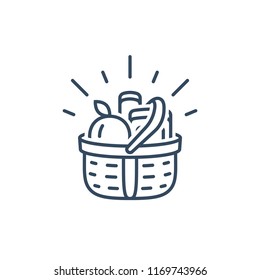 Full Basket Of Grocery Food, Supermarket Shopping, Special Offer, Vector Line Icon, Linear Design