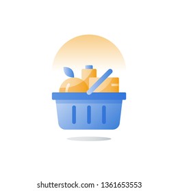 Full basket of grocery food, supermarket shopping, special offer, vector flat icon