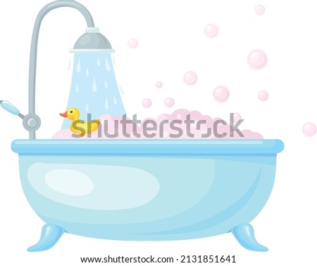 Full bath with bubbles and yellow duck. Cartoon bathtub icon isolated on white background