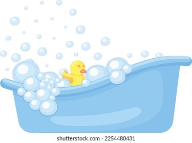 Full bathtub of foam with rubber duck. Cartoon bath icon