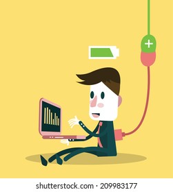 full battery businessman with plug in charge. energy concept. flat design. vector illustration