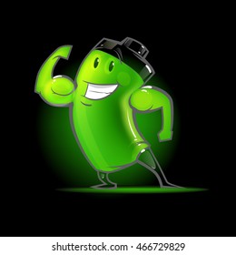 full battery, cartoon character, power, charger, vector illustration, muscular, funny