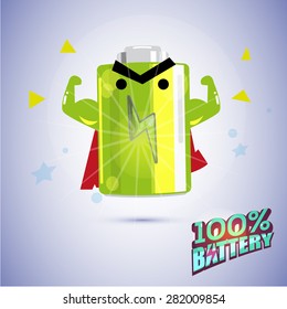 full battery character show strong muscle. Fully charge the battery concept. character design. typographic - vector illustration