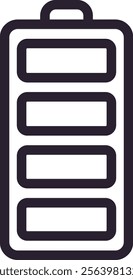 Full battery charge indicator displaying four horizontal bars along with a positive terminal, illustrating complete power and energy storage for various electronic devices