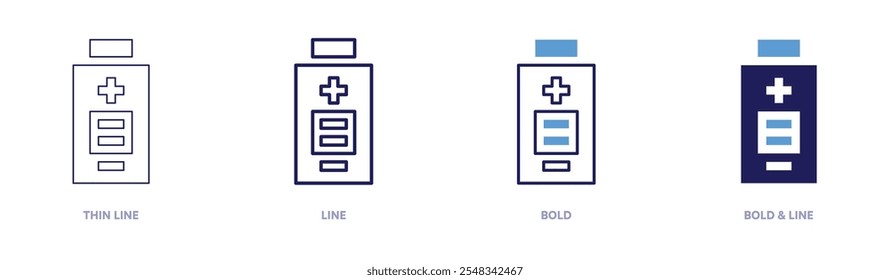 Full battery charger icon in 4 different styles. Thin Line, Line, Bold, and Bold Line. Duotone style. Editable stroke.