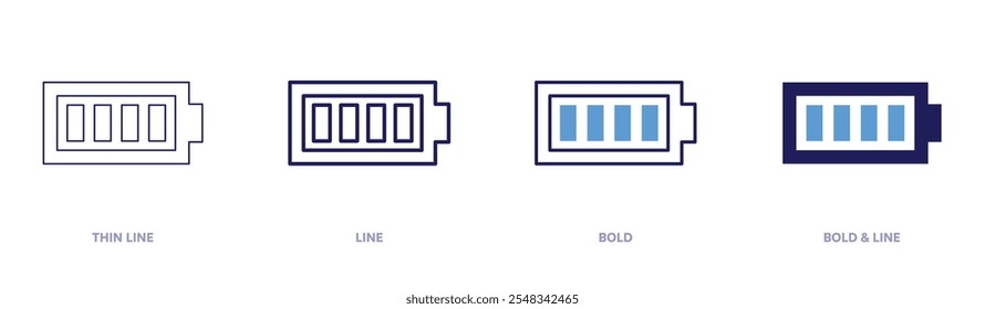 Volle Akkuladung Symbol in 4 verschiedenen Stilen. Dünne Linie, Linie, Fett und Fette Linie. Duotone-Stil. Bearbeitbarer Strich.