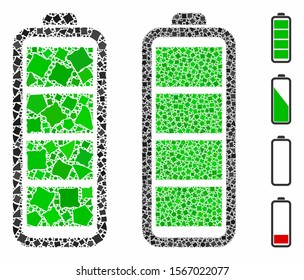 Full battery composition of rugged items in various sizes and color tints, based on full battery icon. Vector rugged dots are united into collage. Full battery icons collage with dotted pattern.