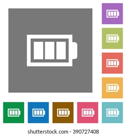 Full battery flat icon set on color square background.