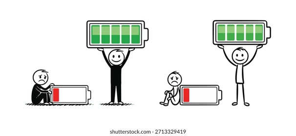 Bateria completa personagem feliz versus bateria vazia figura triste contraste ilustração