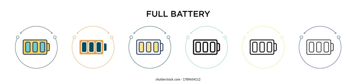 Full battery icon in filled, thin line, outline and stroke style. Vector illustration of two colored and black full battery vector icons designs can be used for mobile, ui, web