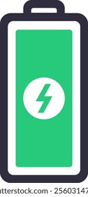 Full battery icon with lightning bolt symbol is indicating fast charging process, representing quick power replenishment for electronic devices