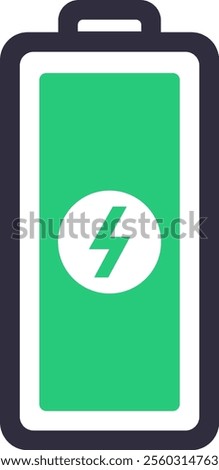 Full battery icon with lightning bolt symbol is indicating fast charging process, representing quick power replenishment for electronic devices