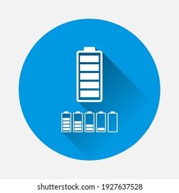 Full battery and low battery set icon on blue background. Flat image with long shadow. Layers grouped for easy editing illustration. For your design.