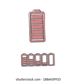 Batería completa y batería baja en el estilo de dibujos animados sobre fondo blanco aislado.