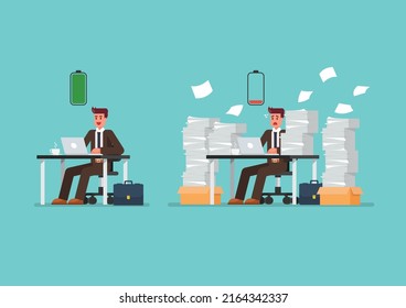 Full battery man and low battery man sitting at table with laptop and pile of papers. Vector illustration