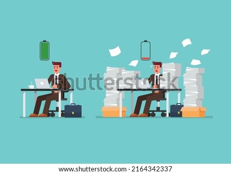Full battery man and low battery man sitting at table with laptop and pile of papers. Vector illustration