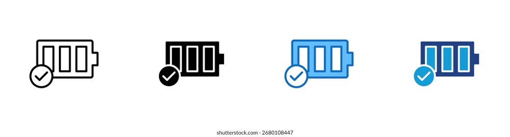 Full Battery Multiple Style Icon Design Vector - Battery with check mark showing full energy storage and ready-to-use charge