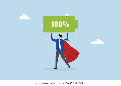 Full battery recharge, dynamic entrepreneur superhero hold complete power cell. 