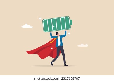 Full battery recharge, full energy to work or refresh from exhaustion, burnout recover, fuel employee or productive and efficient concept, energetic businessman superhero carry full recharge battery.