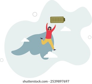 Full battery recharge, full energy to work or refresh from exhaustion, burnout recover, fuel employee or productive and efficient concept.flat characters.
